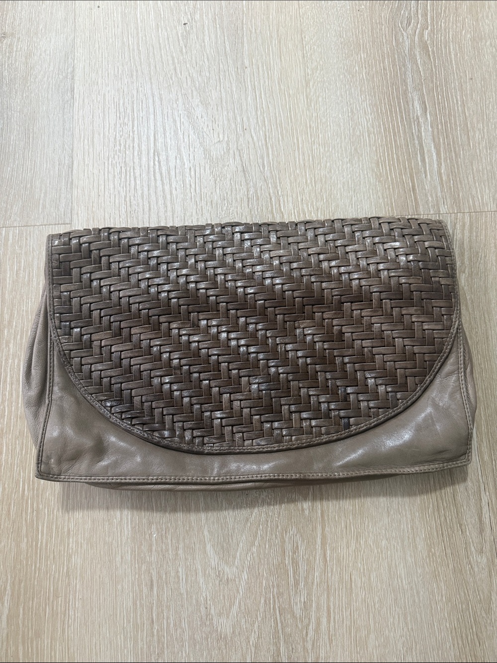 Horchow Vintage Woven Fold-Over Clutch in Taupe Brown